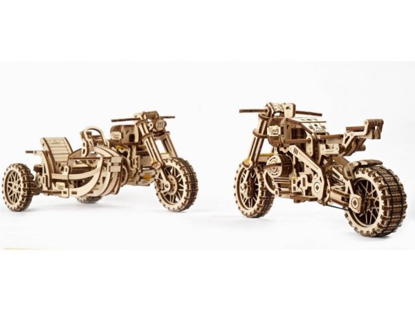 UGEARS 3D dřevěné mechanické puzzle - Motorka (Scrambler) UGR-10 s vozíkem
